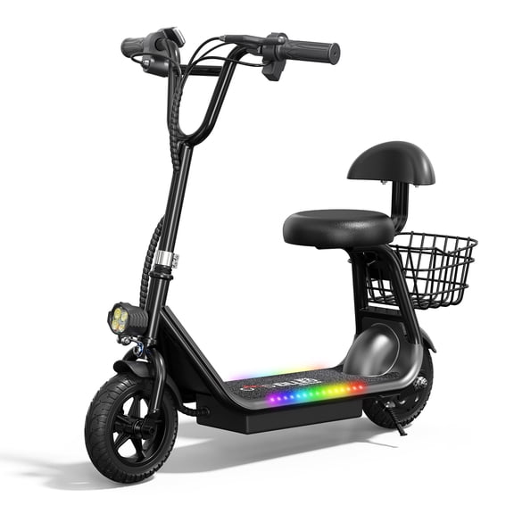 Electric Scooter for Kids - Bluetooth Speaker Foldable Scooter with Seat & Carry Basket & LED Light Strip, 11MPH 132lbs Max Load E Mopeds