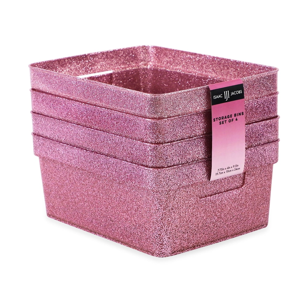 Isaac Jacobs 4Pack Small Pink Glitter Storage Bin Set with Cutout