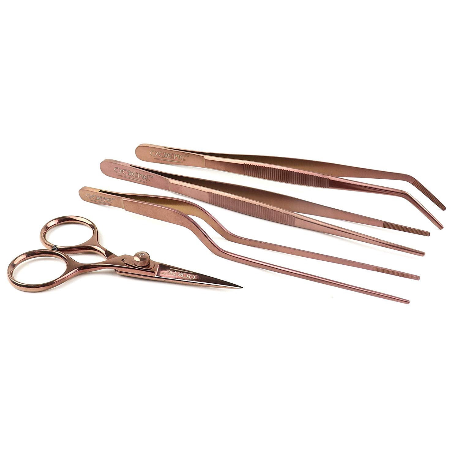 O'Creme Set of Culinary Tweezer Tongs 8 Inch Straight, 8 Inch Offset and 8 Inch Curved, Plus Super Sharp Chef Scissors, Total 4 Pieces Rose Gold