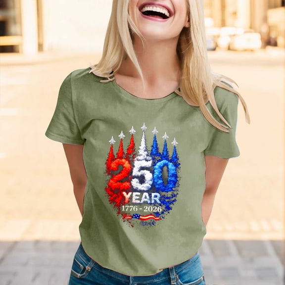 Conairie Womens 250 Anniversary USA Shirt Letter Print Crew Neck Patriotic 1776-2026 July 4th T-Shirts Casual Short Sleeve Basic Blouses Vacation Clothes Army Green L