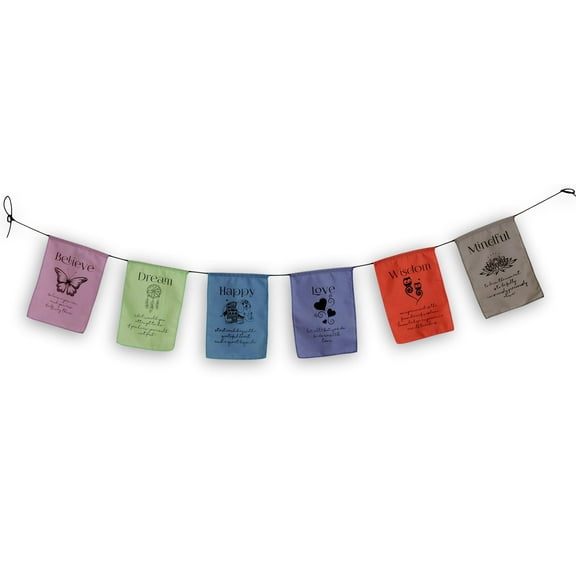Handmade Believe, Dream, Happy, Love, Wisdom, Mindful Affirmation Prayer Flags (Mindful 9X12) Each String has six vibrantly Colored Flags and Handmade with Love.