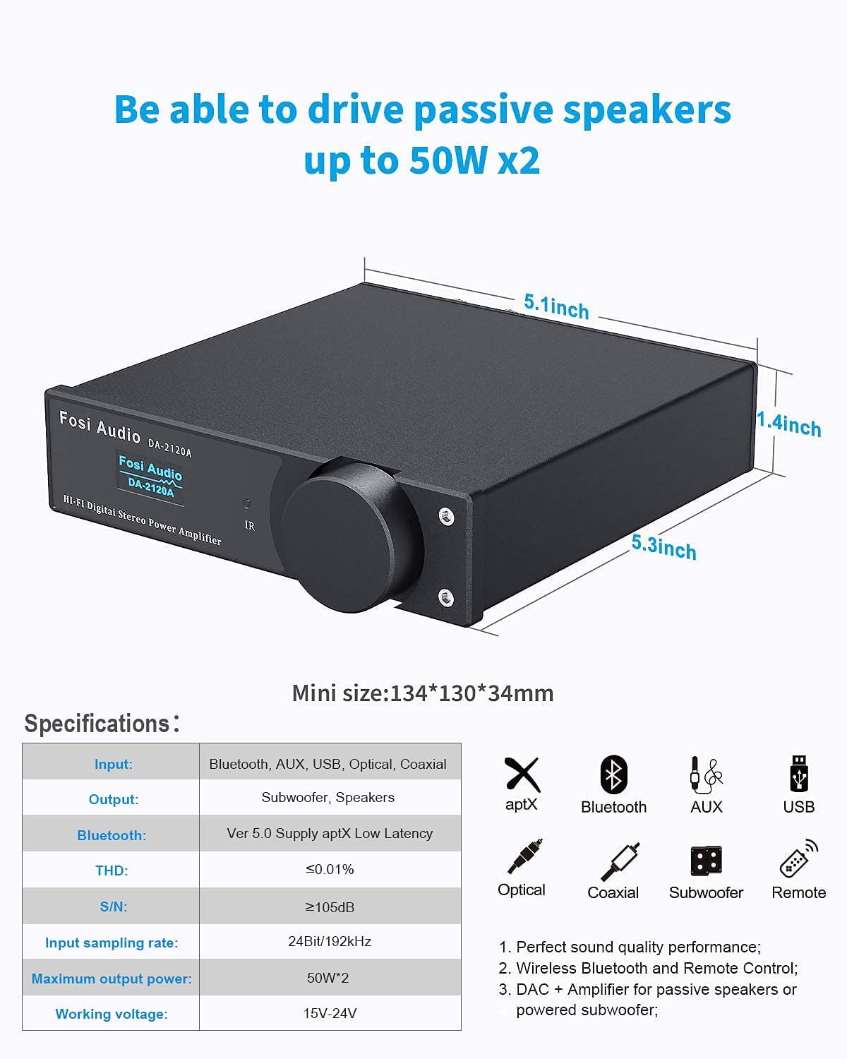 Fosi Audio DA2120A Bluetooth 5.0 DAC Hi-Fi Stereo Receiver Audio Amplifier  Support aptX 2.1 CH Integrated Class D Digital Power Amp for Passive 