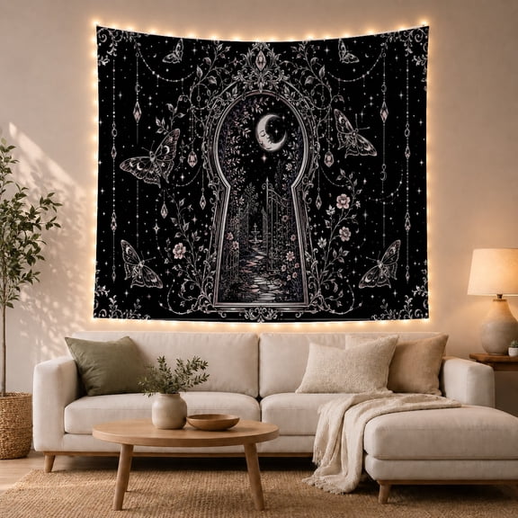 Gothic Keyhole Garden with Crescent Moon Moths on Black, Mystical Gothic for Dark Art Lovers, Whimsical Witchy Home Decor Halloween Gift Tapestry Wall Hanging for Bedroom and Living Room