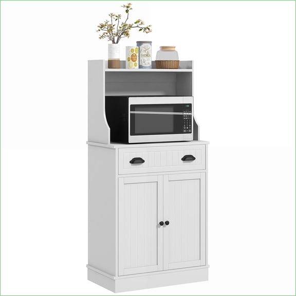 Kitchen Storage Cabinet with Microwave Stand, Drawer & Adjustable Shelf | Modern White MDF