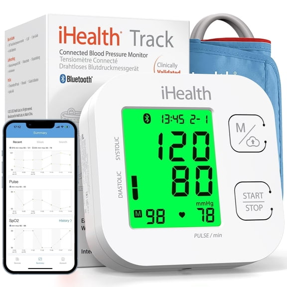 iHealth Track Smart Upper Arm Blood Pressure Monitor with Wide Range Cuff that fits Standard to Large Adult Arms, Bluetooth Compatible for iOS & Android Devices