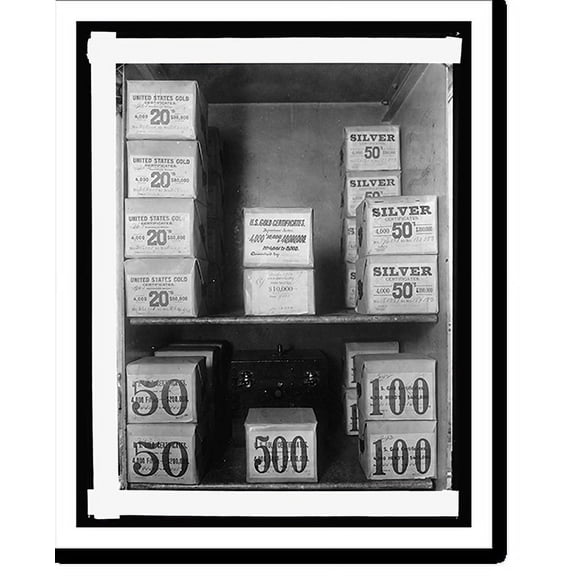 Historic Print, Treasury Dept. Ofc. of U.S. Treasuer. Reserve vault Cash room packages seen in picture c, 16" x 20"