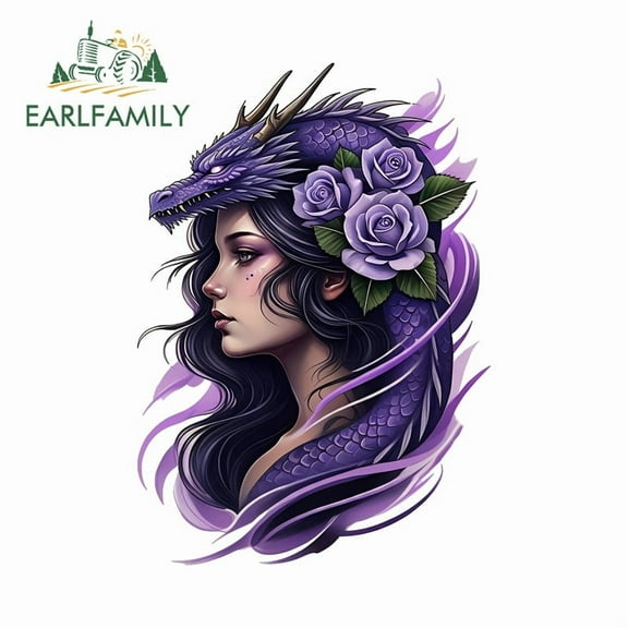 EARLFAMILY 5.1" The Purple Dragon Girl Car Sticker Fashionable Waterproof Motorcycle Luggage Skateboard Vinyl Decals Occlusion Scratch Car Door Protector
