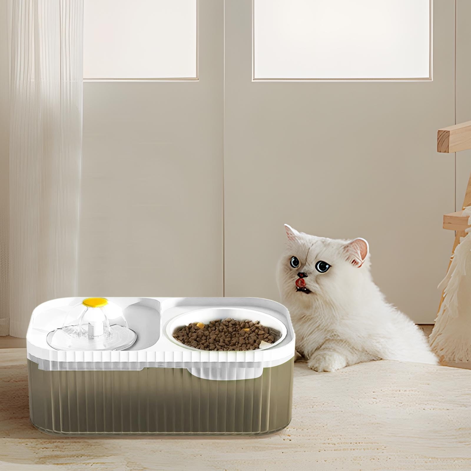 Yhmxh Cat Water Fountain and Food Bowl, 3L/101oz Ultra Quiet Pet Water Dispenser with Smart Pump and Stainless Steel Bowl, Automatic Flower Fountain & Stainless Steel Bowl (Black & White)