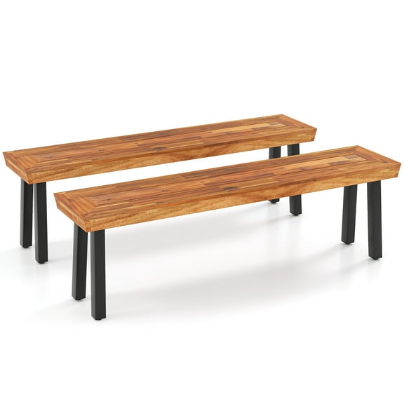 Gymax Outdoor Acacia Wood Benches Set of 2 w/ Slatted Top & Flared Metal Legs