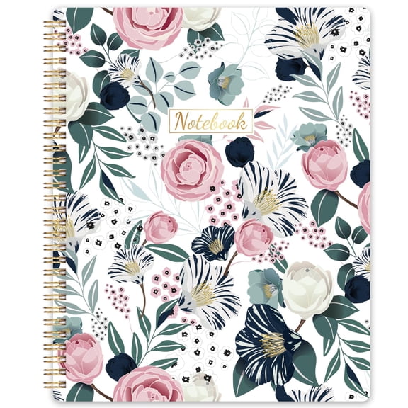 College Ruled Spiral Notebook, 8.5" x 11" Journal with Twin-Wire Binding, 110 Pages, Thick Paper, Water-Resistant Cover, Back Pocket, Floral Multicolor