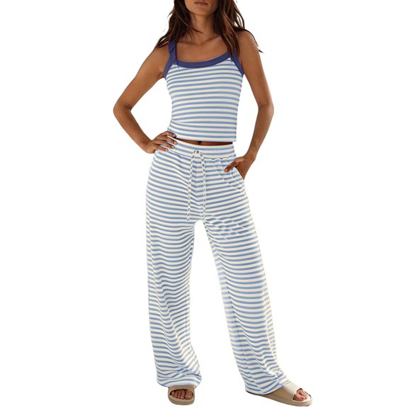 SJLDQY Pajamas for Women Set Striped Print Camisole Tops and Pants Pjs 2 Piece Set Soft Breathable Loungewear