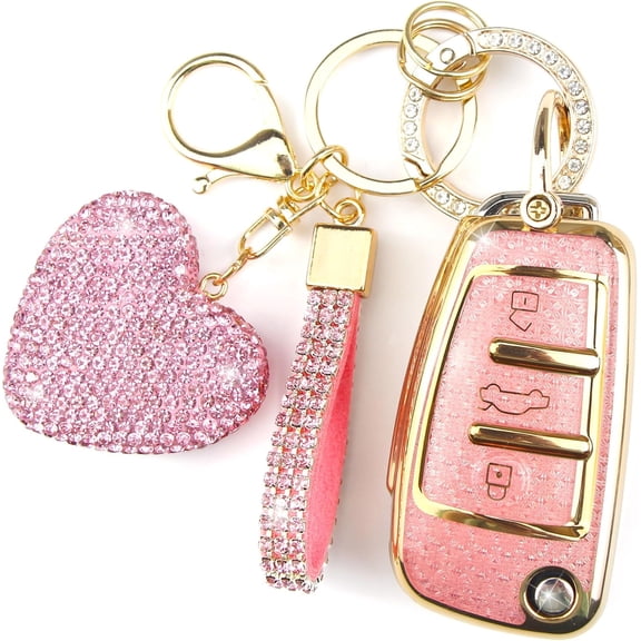 Key Fob Cover with Diamond Keychain Fit for Audi Car Key Holder Case Compatible with Audi A1 A3 Q3 Q7 R8 A6L TT Smart Remote Key Protector for Women, 3 Buttons (Pink-Heart)
