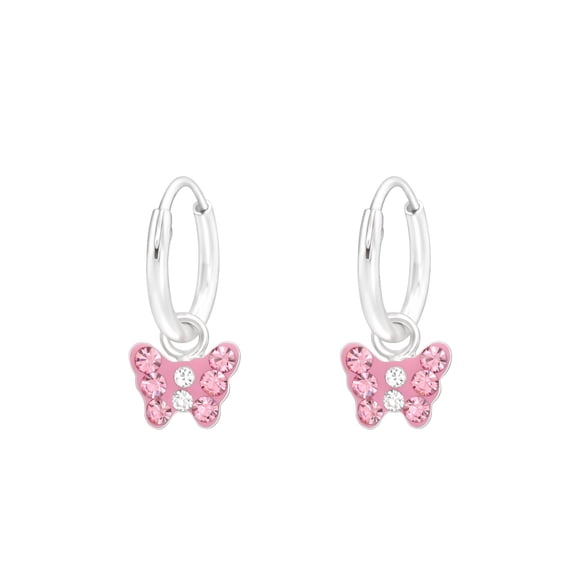 Hanging Pink Butterfly 925 Sterling Silver Hoop Earrings with Crystals