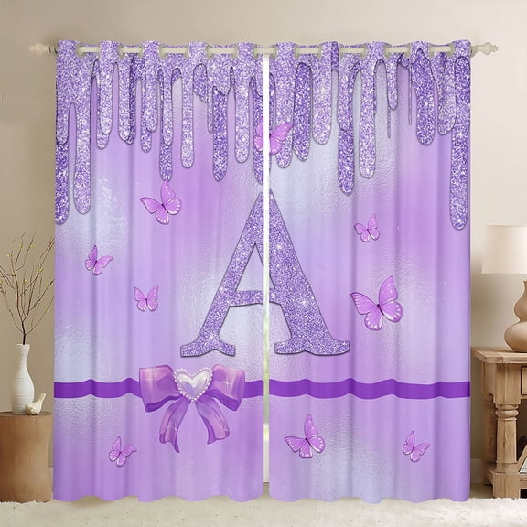 Manfei Purple Bow Butterfly Curtains Pack of 2 (42x84 Each) for Children Kids Teens,Letter Monogrammed Initial A Curtains Blackout,Bling Glitter Bedroom Curtains,Graffiti Splash Home Decor