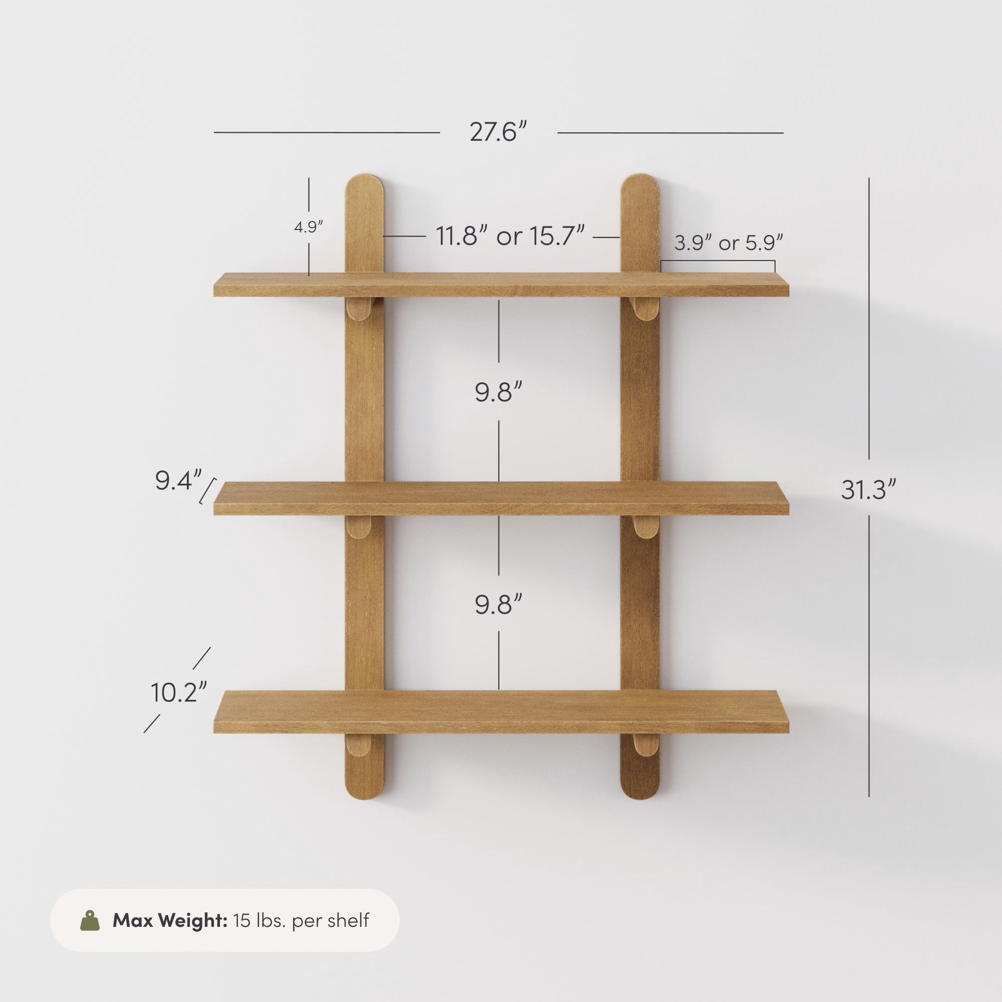 Nathan James Frankie Mid Century 3-Tier Wall Mounted Wood Shelf, Modular Wall Shelving with Solid Wood Support Frame, Light Brown