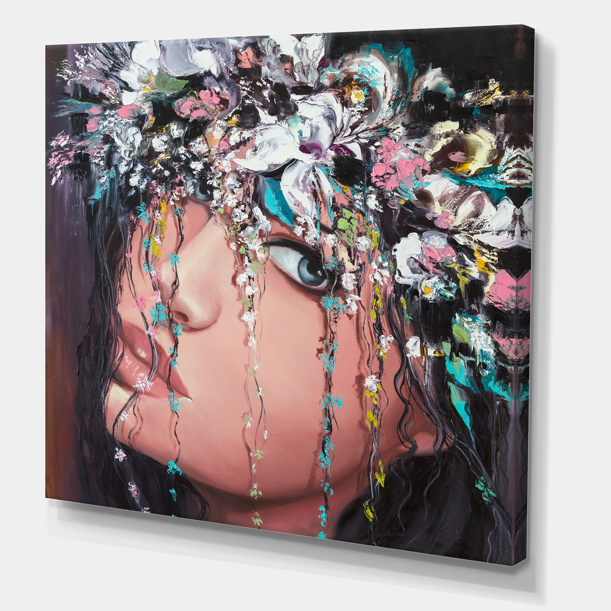 Designart ' Portrait Of A Young Woman With Flowers II ' Modern Canvas Wall Art Print