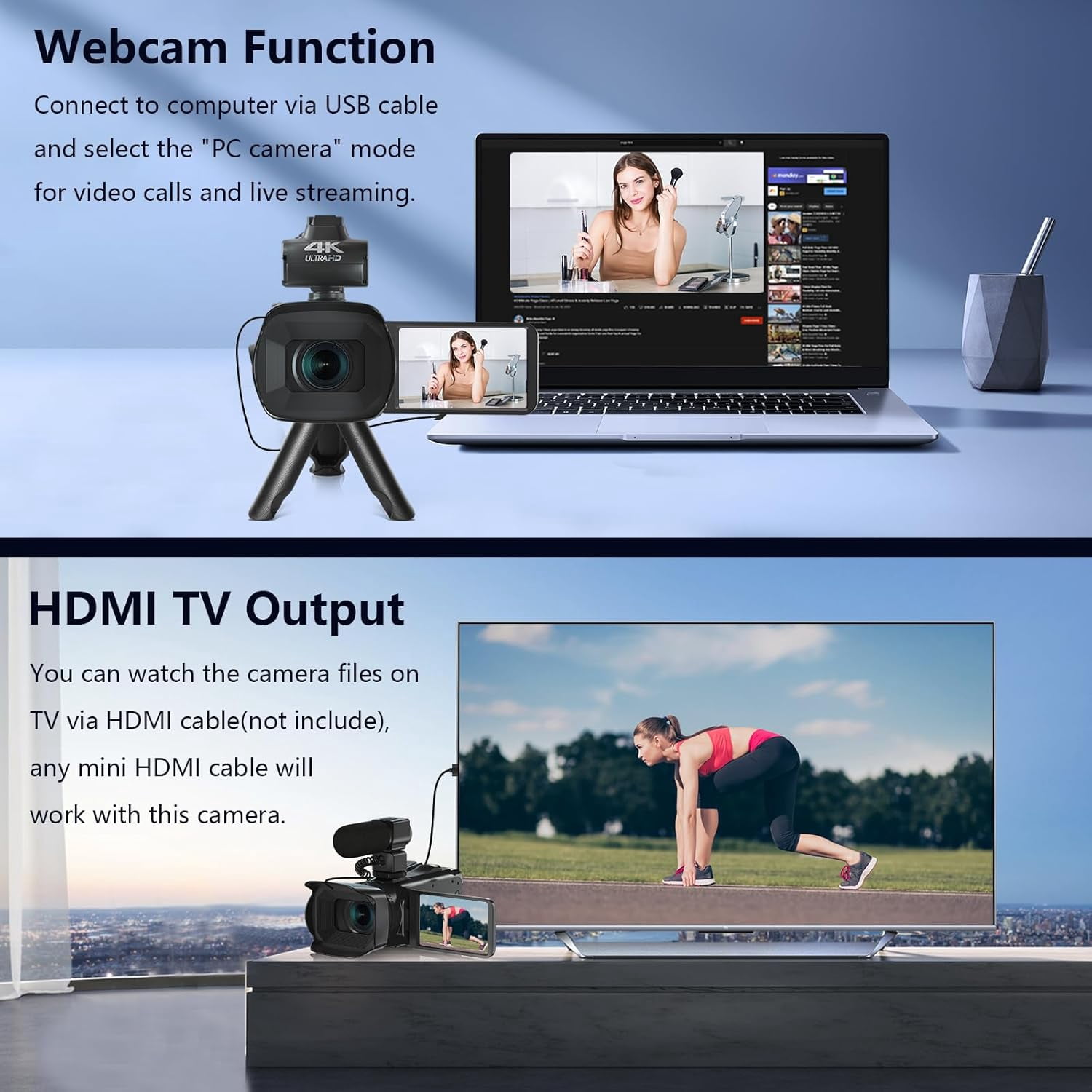 Acuvar 6K Video Camera Camcorder, 64MP 60FPS Vlogging Camera for YouTube, 4.0 Inch Touchscreen Video Recorder, HD WiFi Video Camera with 4500mAh Battery, 64G SD Card, Stabilizer, Mic, 100 LED Light