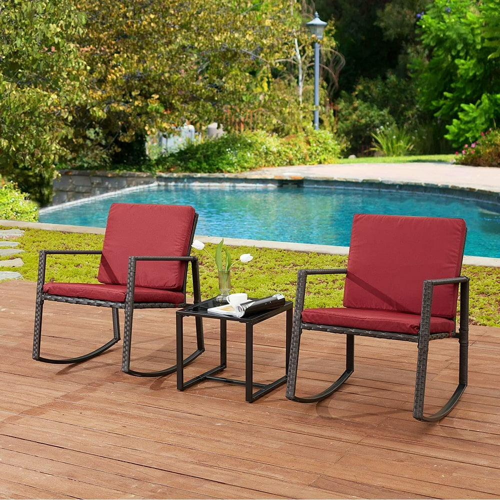 Erommy 3 Piece Rocking Bistro Set ,Wicker Patio Outdoor Furniture,Red