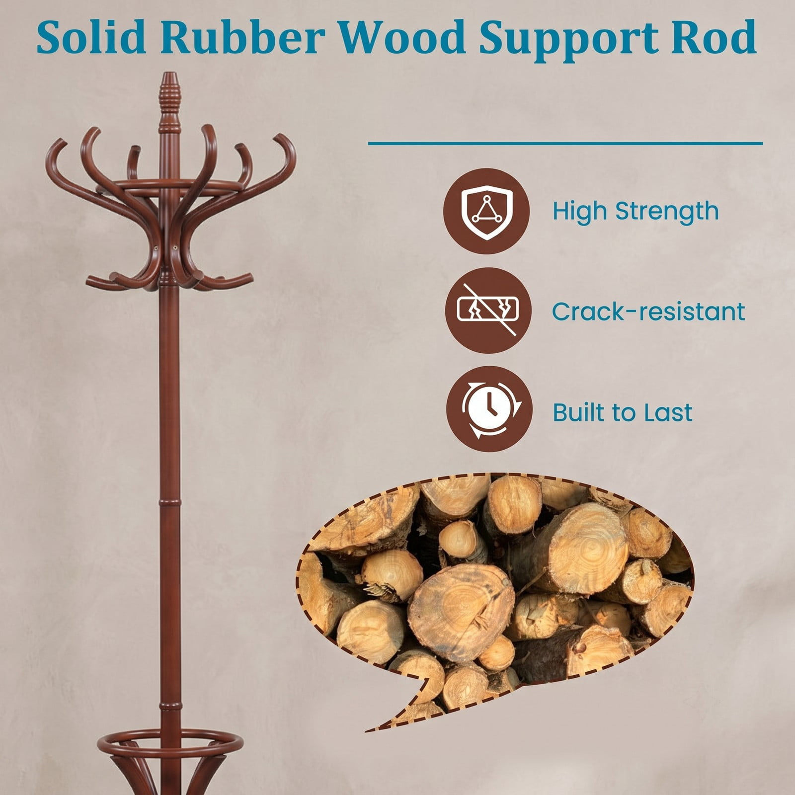 Furnibear Freestanding Wood Coat and Hat Rack Stand with Umbrella Stand Rotating Top and 12 Hooks for Entryway and Hallway, Brown