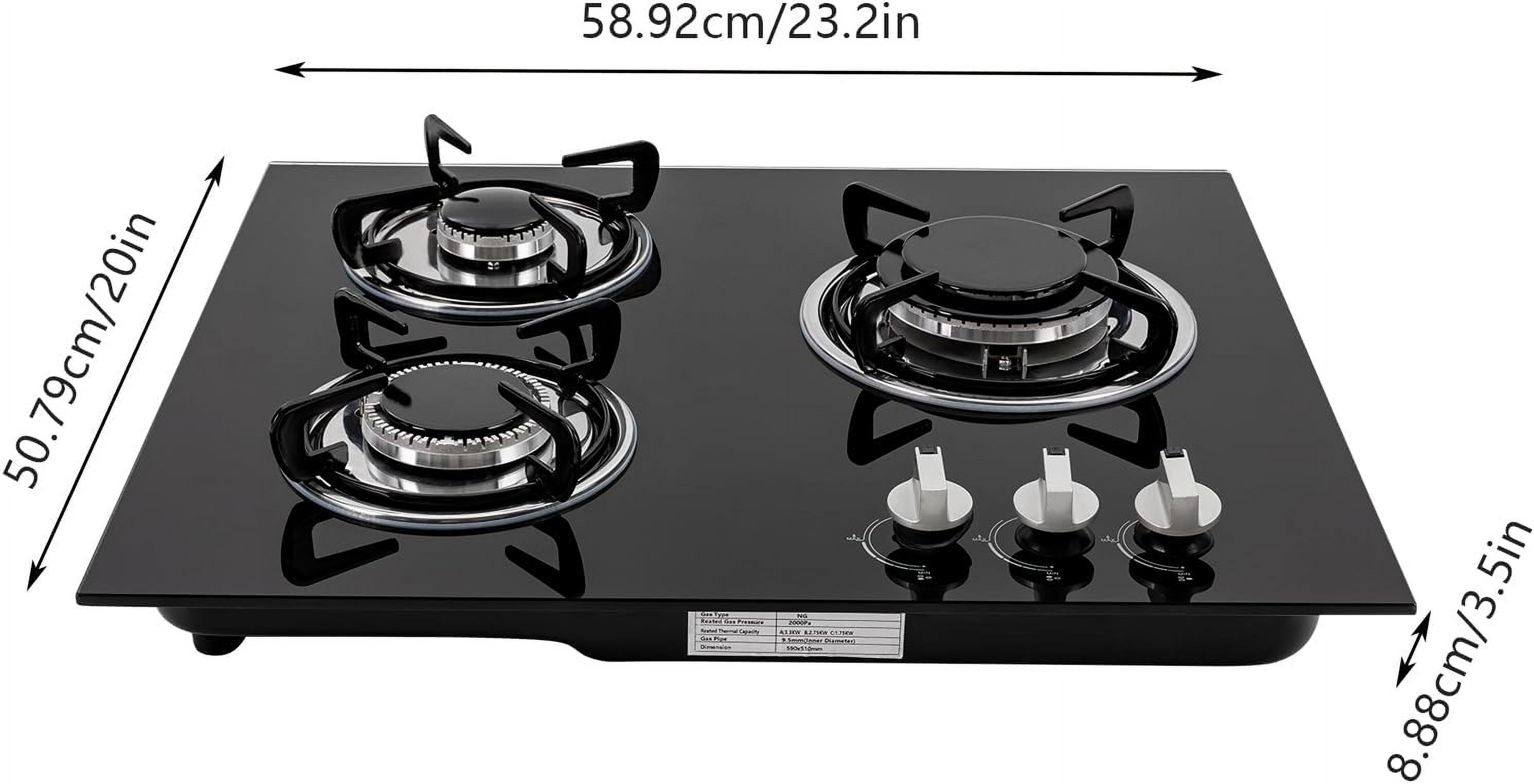 23.2" Built-in Gas Cooktop 3 Burner Stovetop With Thermocouple Protection Portable Countertop Cooker for RV Camper Caravan Outdoor Apartments (Black Tempered Glass)