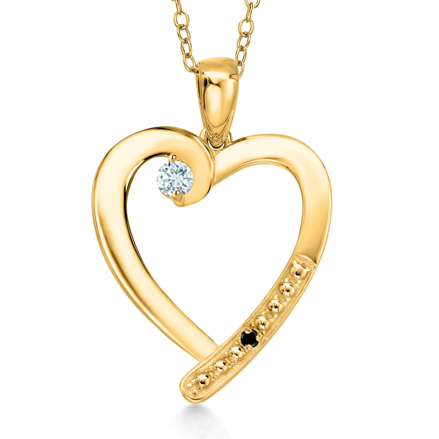 Gem Stone King 18K Yellow Gold Plated Silver Sky Blue Aquamarine and Black Diamond Heart Pendant Necklace for Women | 0.19 Cttw | Gemstone March Birthstone | Round 3.5MM | With 18 inch Chain