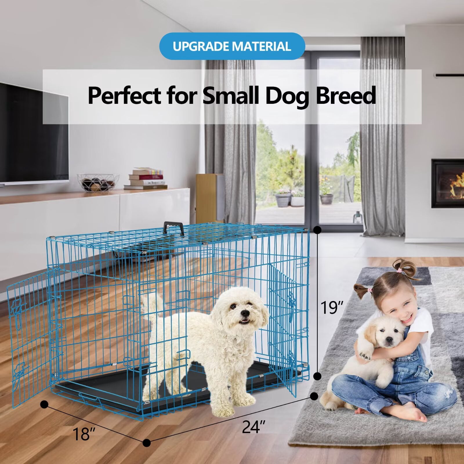 YRLLENSDAN,Dog Crates for Small Dogs,Small Dog Kennel Indoor,Dog Cages ,Collapsible Dog Crate,Wire Dog Crates,Lndoor,Outdoor,24 Inch,Blue