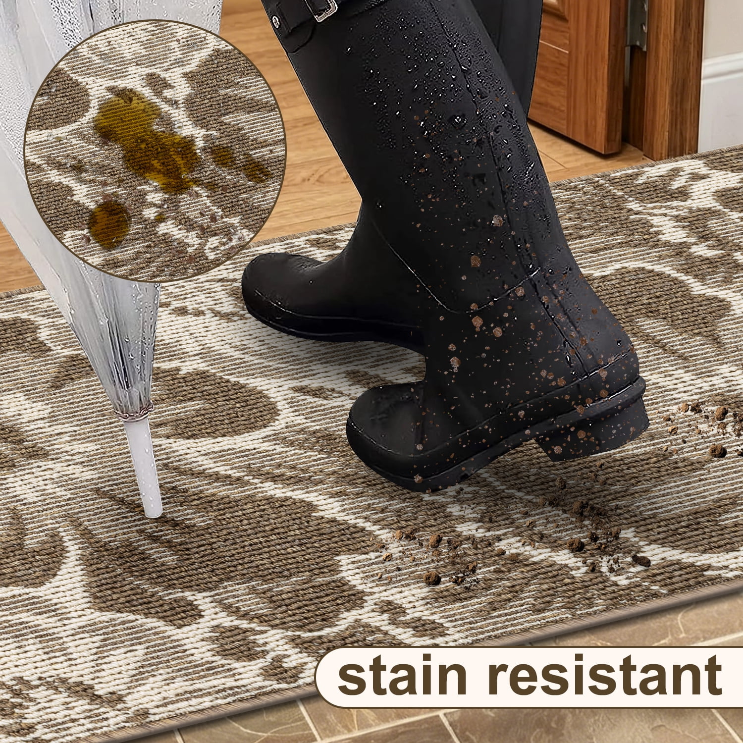 Findosom Runner Rug for Hallway 2x6 ft,Non-slip Machine Washable Runners Flower Floor Mats Low Pile Carpet Rug Runner with Rubber Backing for Entryway Doormat Bathroom Kitchen Laundry Room,Brown