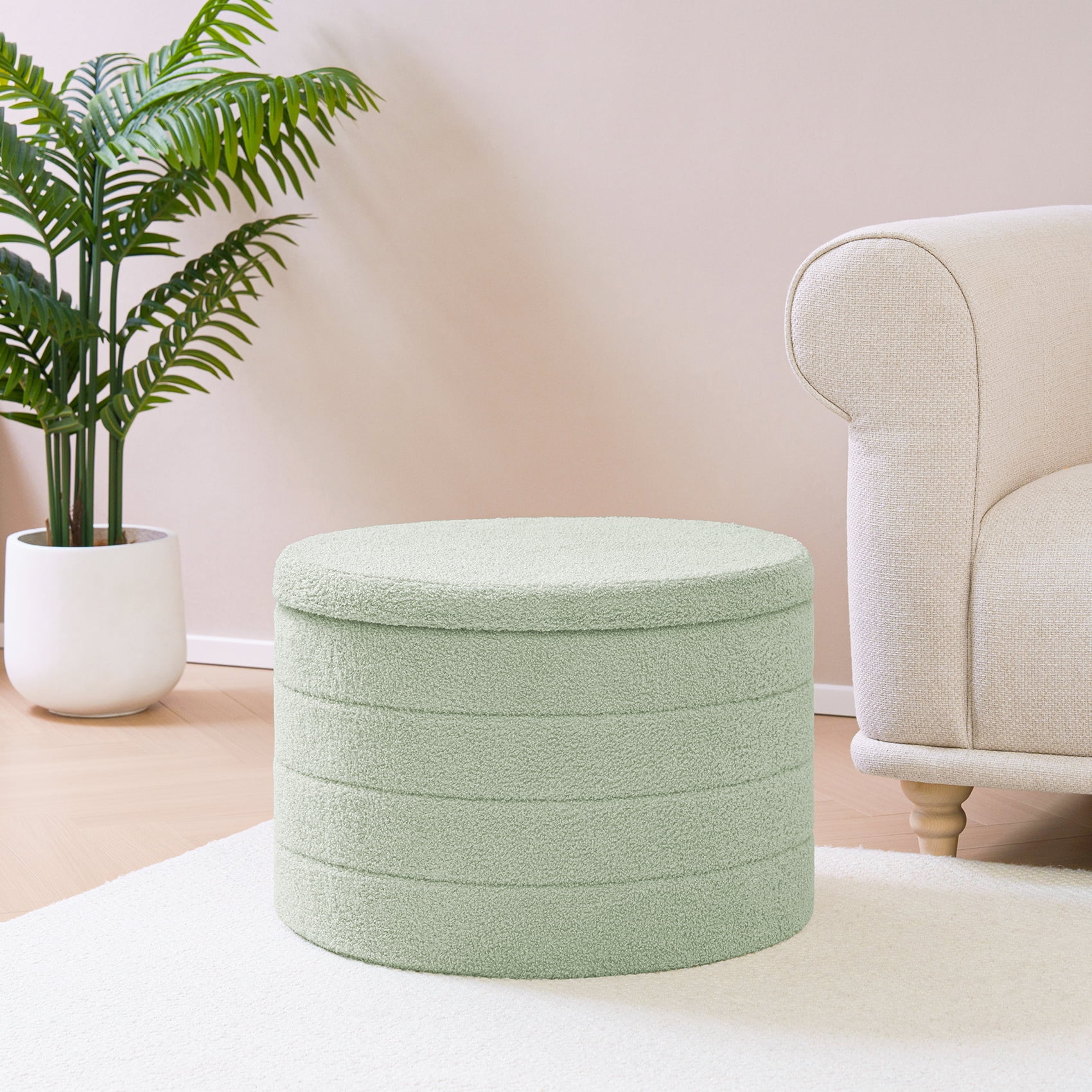 B FSOBEIIALEO Round Storage Ottoman with Tray for Living Room, Perfect for Adults & Kids with Extra Storage Space(Green)