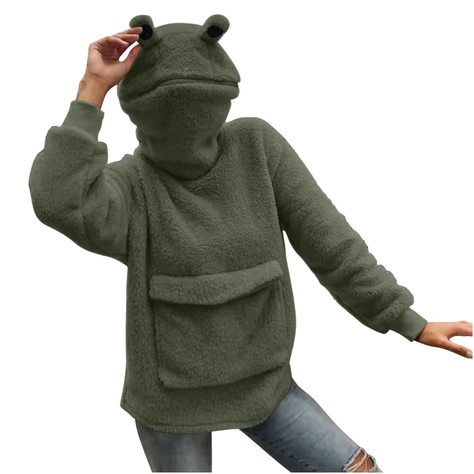 Moxiu Women Fashion Fluffy Hoodies Winter Fuzzy Fleece Rabbit Ear Funny Cute Pockets Hooded Sweater Plus Size Faux Fur Coats with Pockets, Adult