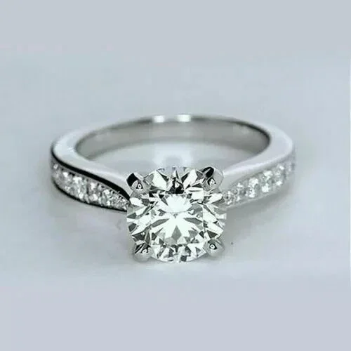 2CT Round Cut White Moissanite Solitaire Engagement Ring 14K White Gold Plated