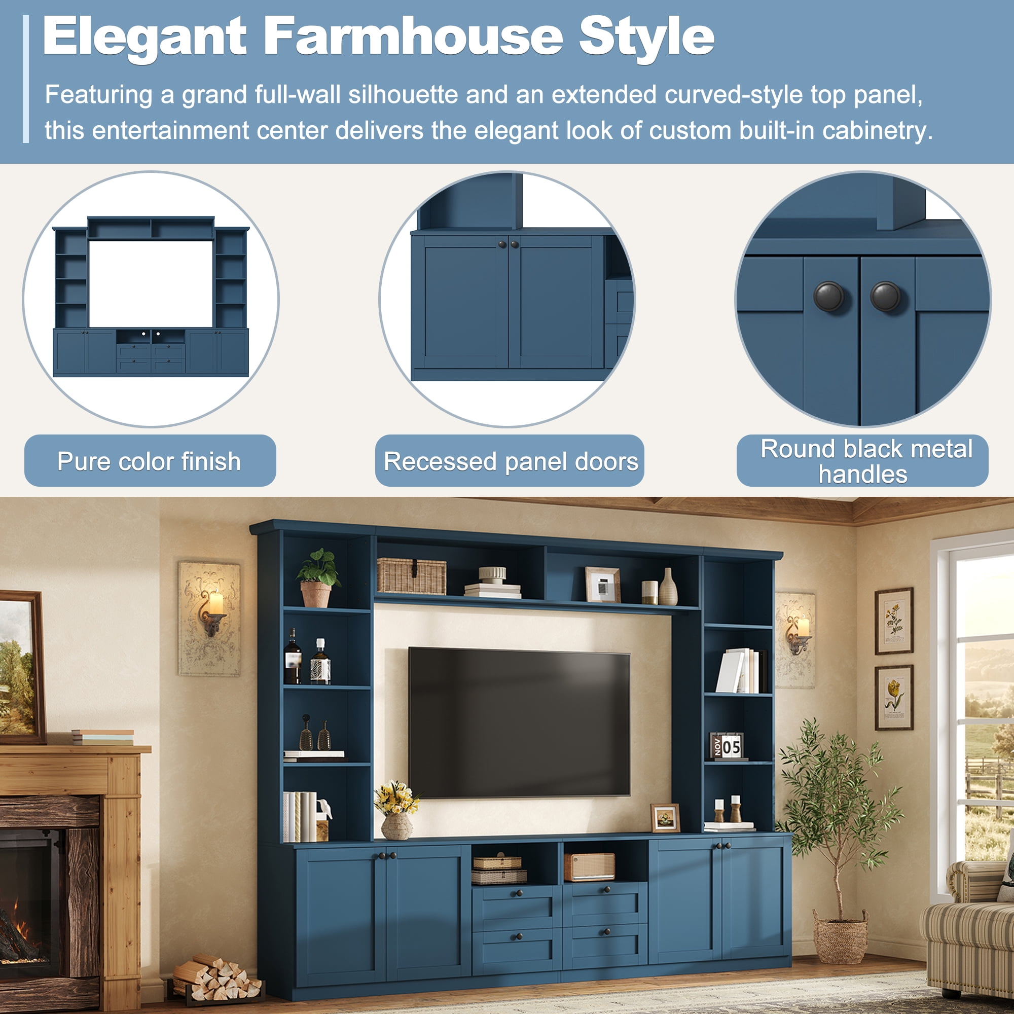 Farmhouse Entertainment Center Wall Unit with Bridge, 4 Drawers, Adjustable Shelves, Modern TV Stand for TVs Up to 70", Modern Media Console Cabinet with Storage for Living Room