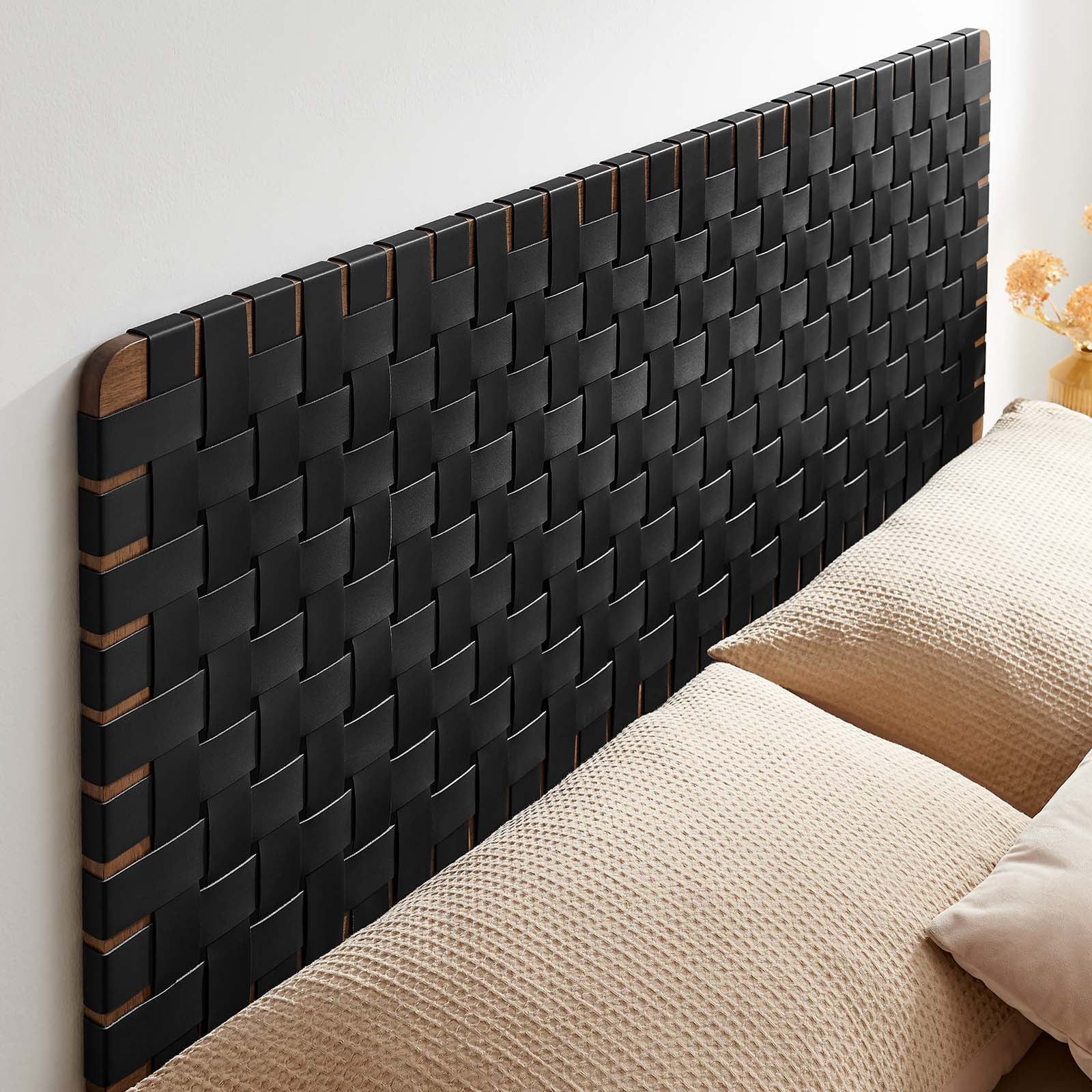 Sparta Weave Wall-Mount Vegan Leather Queen Headboard in Walnut Black