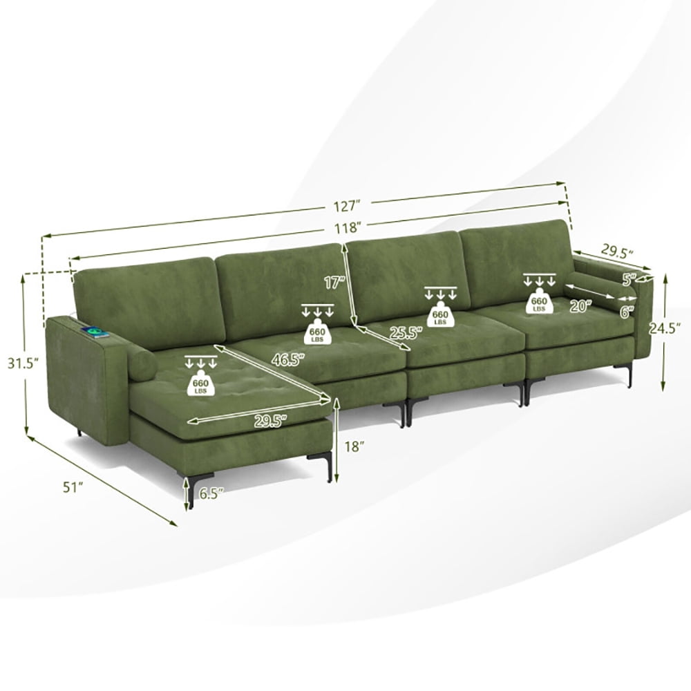 Finihen L-Shaped Sectional Sofa Couch, Sofa Bed, Modular L-shaped 4-Seat Sectional Sofa with Reversible Chaise and 2 USB Ports, for Living Room, Army Green Finihen L-Shaped Sectional Sofa Couch, Sofa Bed, Modular L-shaped 4-Seat Sectional Sofa with Reversible Chaise and 2 USB Ports, for Living Room, Army Green