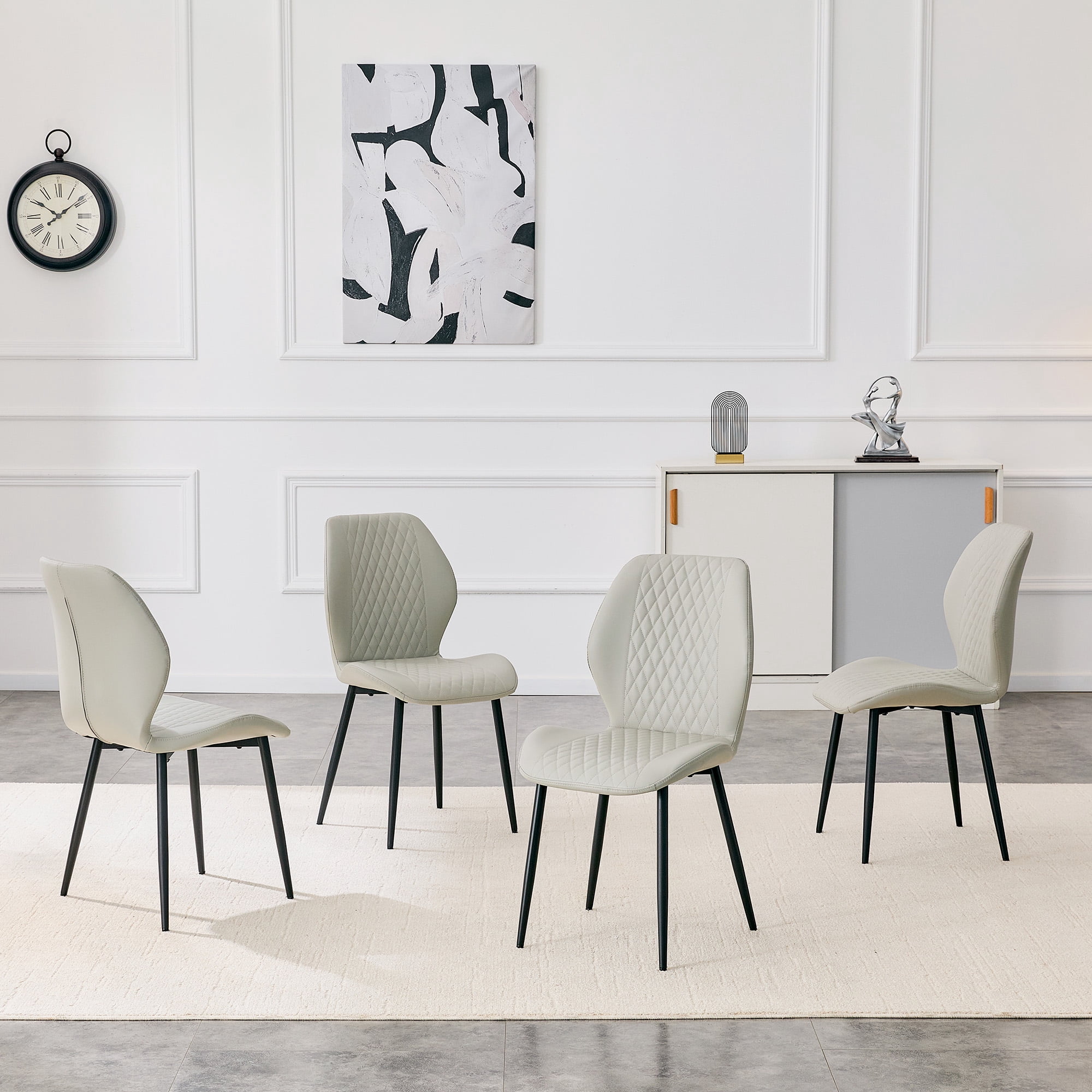 MOONMISS Dining Chairs Set of 4,Modern luxury Diamond-Quilted PU chairs with black metal legs for Dining Room Living Room,Light Gray