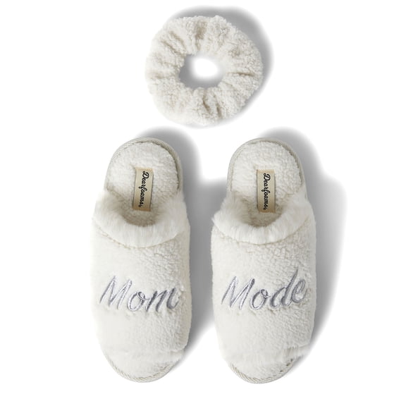 Dearfoams Womens Louise Embroidered Mom Slide Slipper Gift Set with Scrunchie
