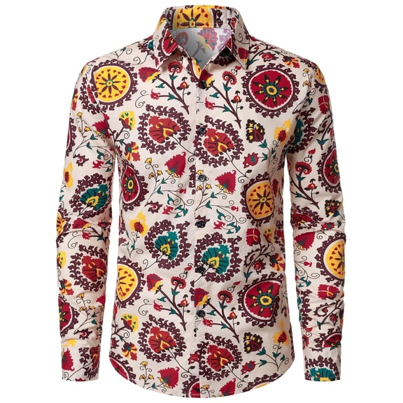 CONZONE Mens 70S Disco Buttons Down Shirts Long Sleeve Hippie Shirts for Men Trendy Floral Graphic Lapel Soft Lightweight Tops