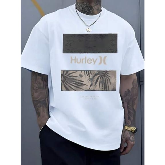【New Arrival】Hurley Men's T-Shirt Tropical Palm Print Graphic Tee Casual Crew Neck Short Sleeve Cotton Summer Beach Streetwear Tops White