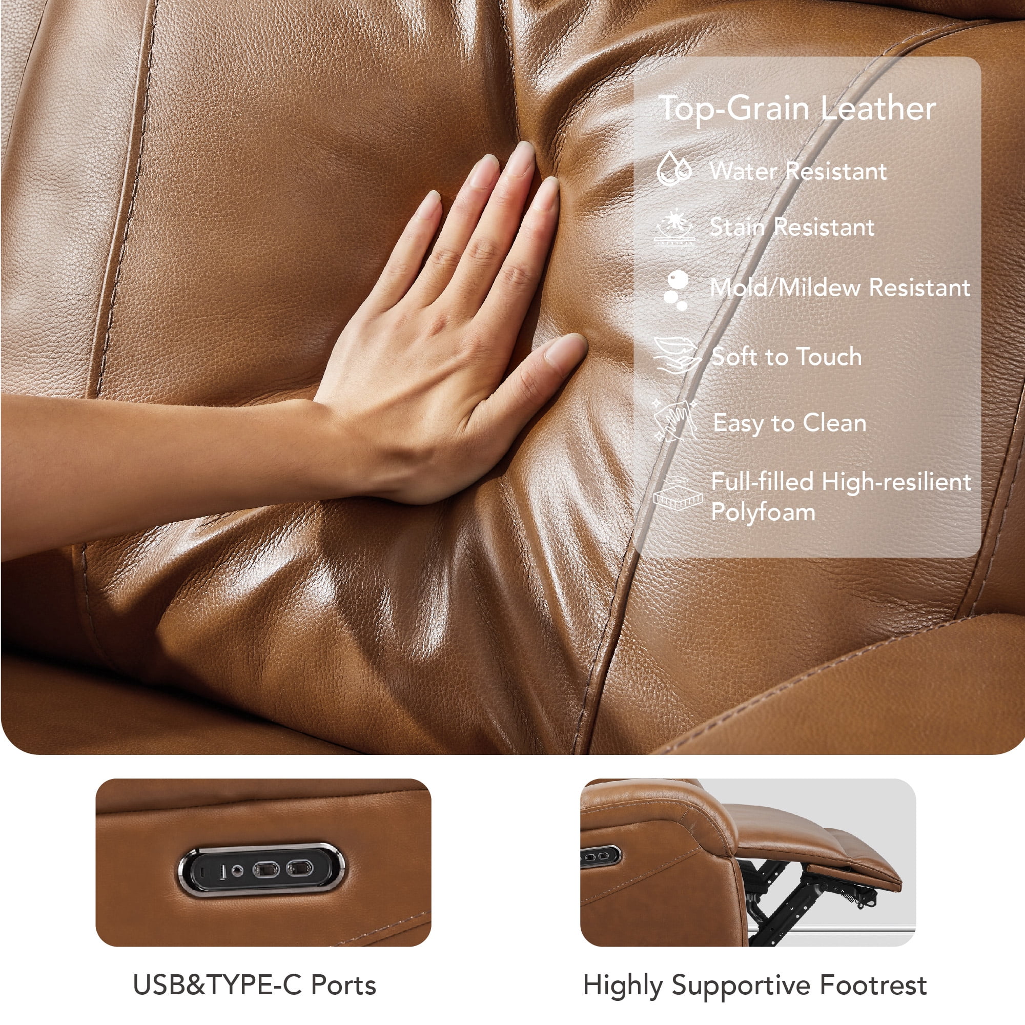 Spruce & Spring Genuine Leather Wall Hugger Power Recliner with Dual Motors, Saddle-Medium