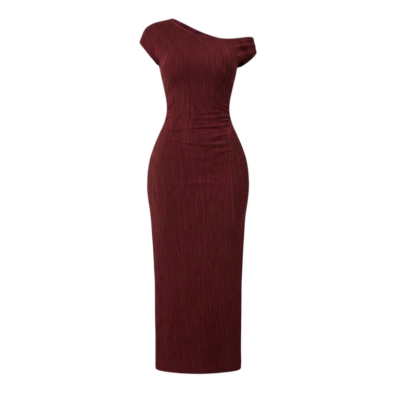 Tisuna Red Long Dress For Woman Solid Color Short Sleeve Off Shoulder Dresses Ladies Fashion Slim Fit Formal Dress Size S