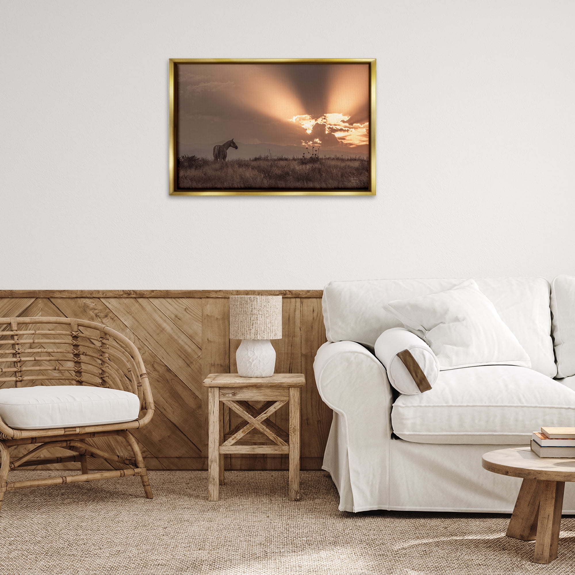 Stupell Industries Faded Sunset with Horse Landscape & Nature Photography Gold Floater Framed Canvas Art Print Wall Art, 31 x 21