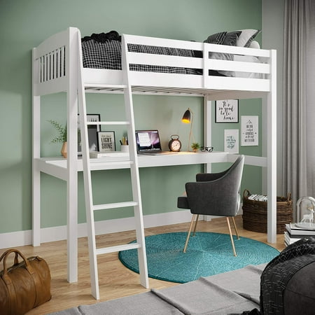 Yes4Wood Elbrus Solid Wood White High Loft Twin Bed with Desk and Storage for Kids 72  × 80