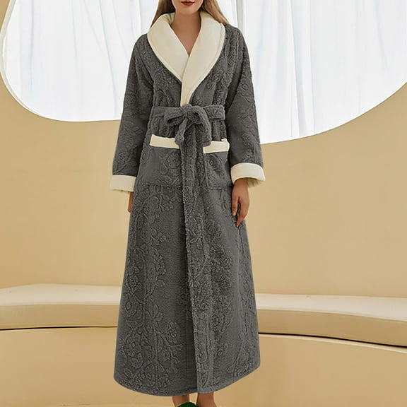 ITSAME Womens Fleece Robes, Solid Color Keep Warm Lengthening Ladies Bathrobe Homewear Gray M
