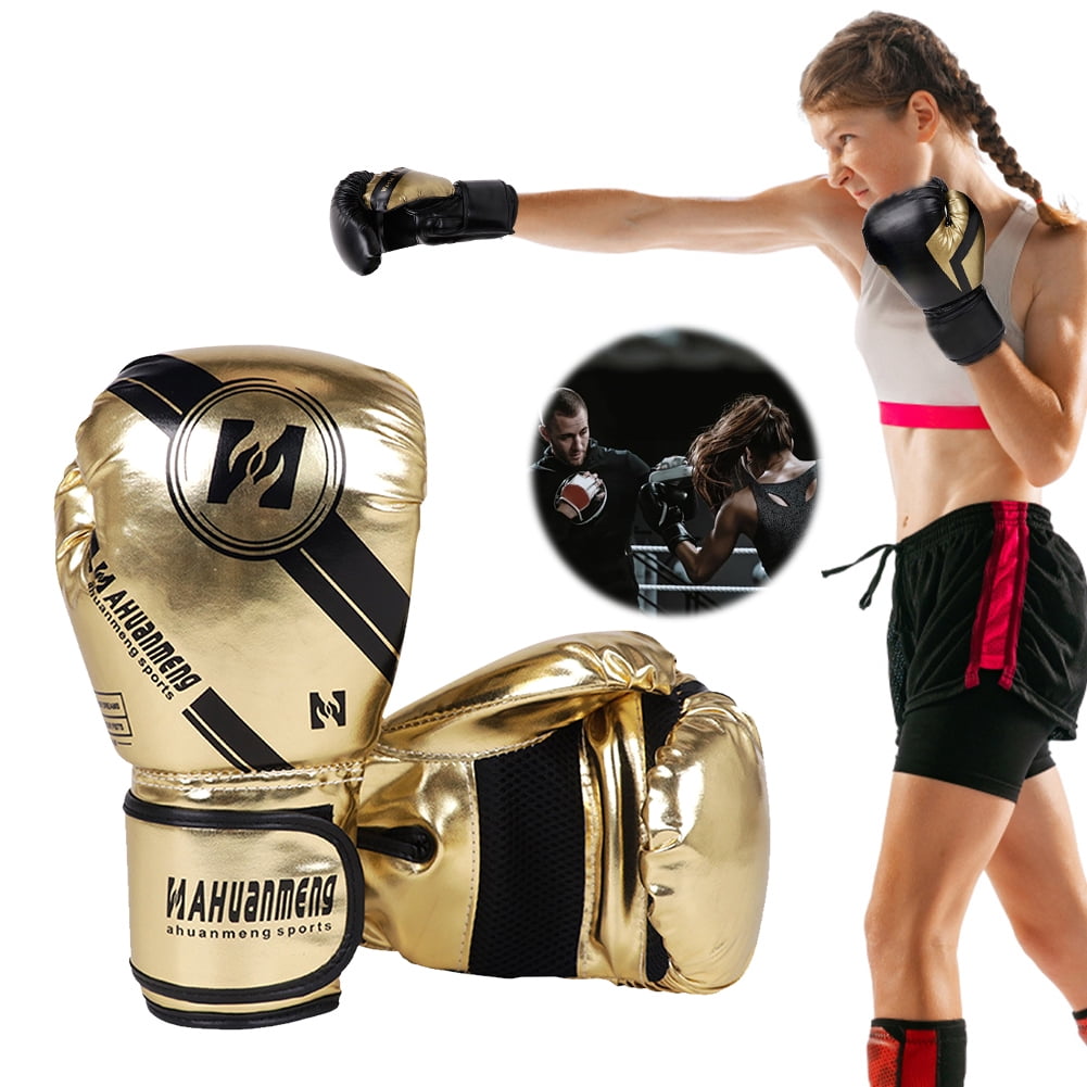 Muay Thai Competition Gloves PU Leather Adjustable  Professional MMA Kickboxing Boxing Gloves Breathable Comfortable Fighting Taekwondo Mitts for Adults(Gold)