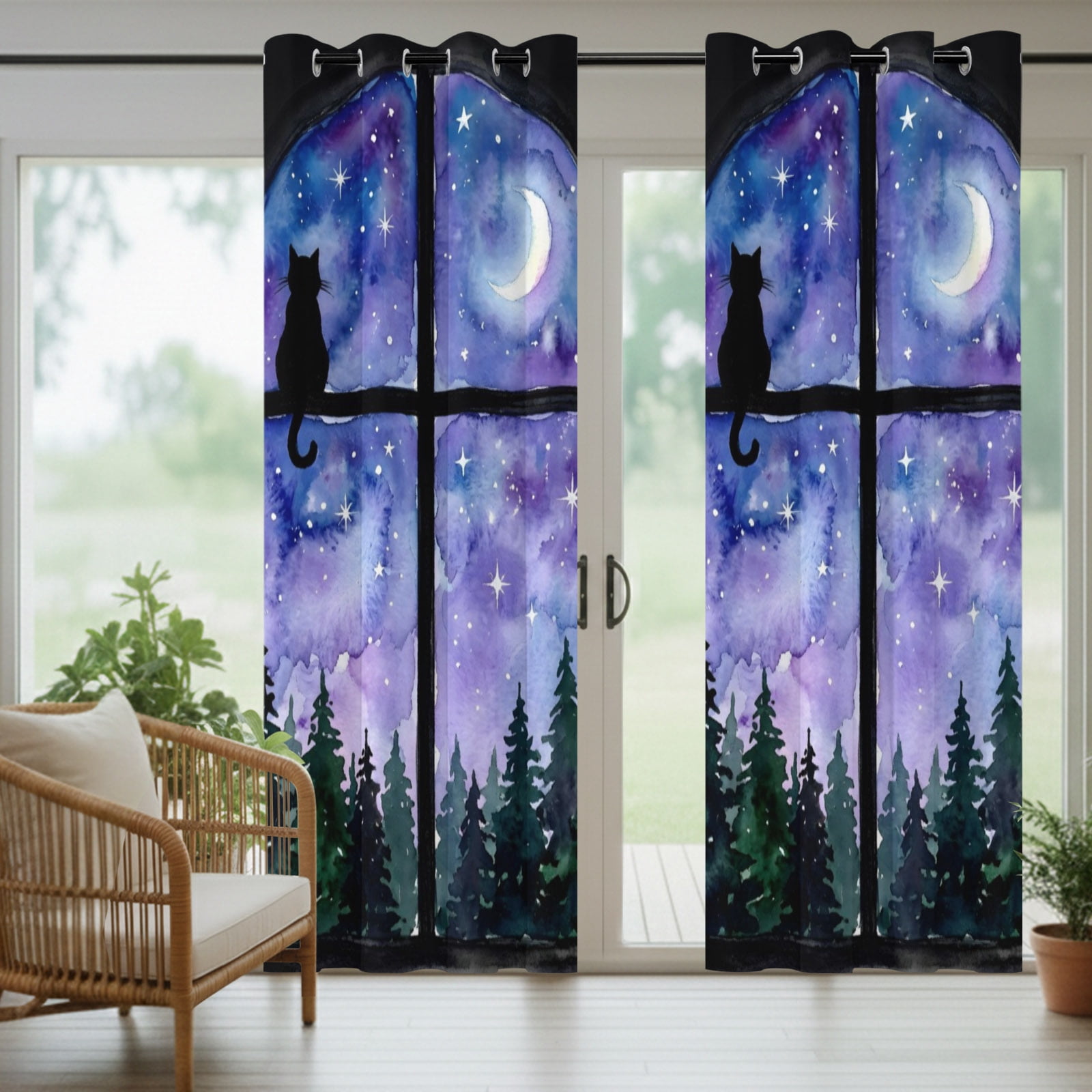 Night Window View Outdoor Curtains for Patio, Cat Moon Forest Starry Sky Sunshade Privacy Drapes Grommet Waterproof Outside Curtains for Porch/Cabana/Balcony 54"x 84", 1 Panel