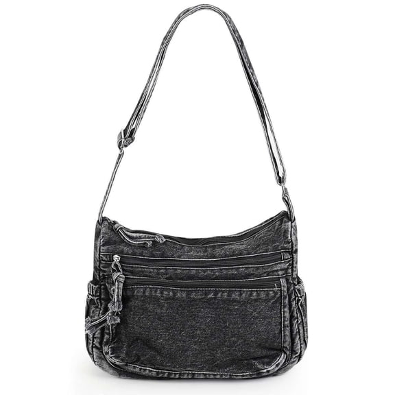 Spencer Women's Large Denim Purses Crossbody Shoulder Bag Casual Messenger Bag Handbags Multi Pocket Travel Tote Bag, Black
