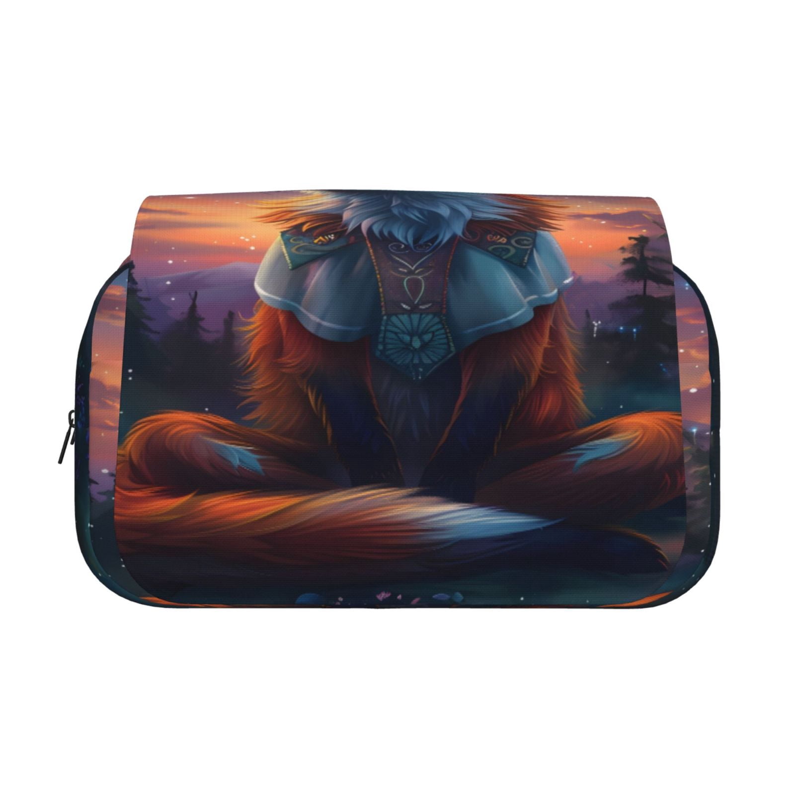 Rateoe Starry Sky Meditating Fox Pattern Double Clamshell Pen Case, Storage Organizer with Two Zipper Compartments– Holds Up to 50 Pencils & Pens