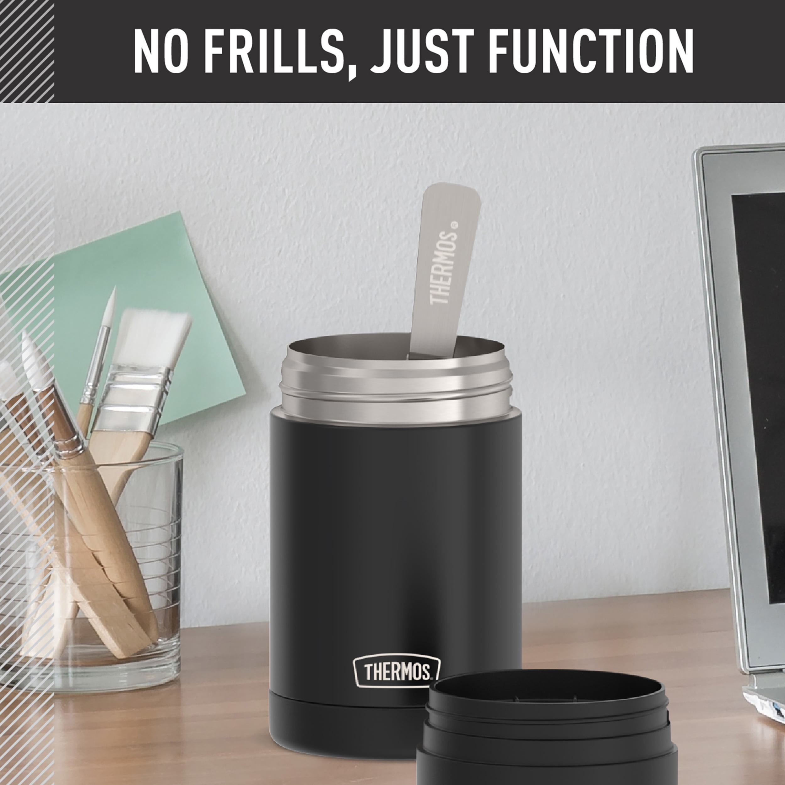 Thermos 16oz Vacuum Insulated Food Jar with Full Size Spoon, Black, Ideal Use for Workday Meals and Travel, Made for Portable Food Storage