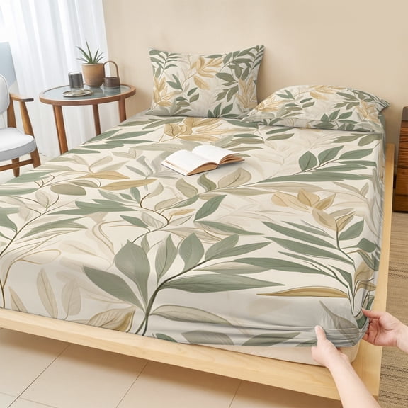 King Size Fitted Sheet Set - Sage Green Yellow Botanical 3 Piece Bedding Sets 16" Deep Pocket Fitted Sheet with 2 Pillowcases, Vintage Spring Summer Brushed Microfiber Hotel Luxury Bed Sheets