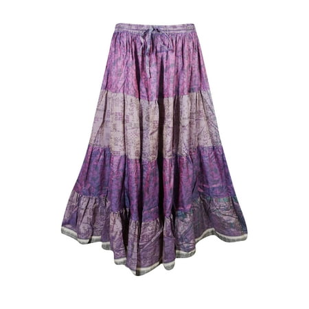 Mogul Womens Indian Sari Maxi Skirt Tiered Vintage Purple Hippy Chic ...