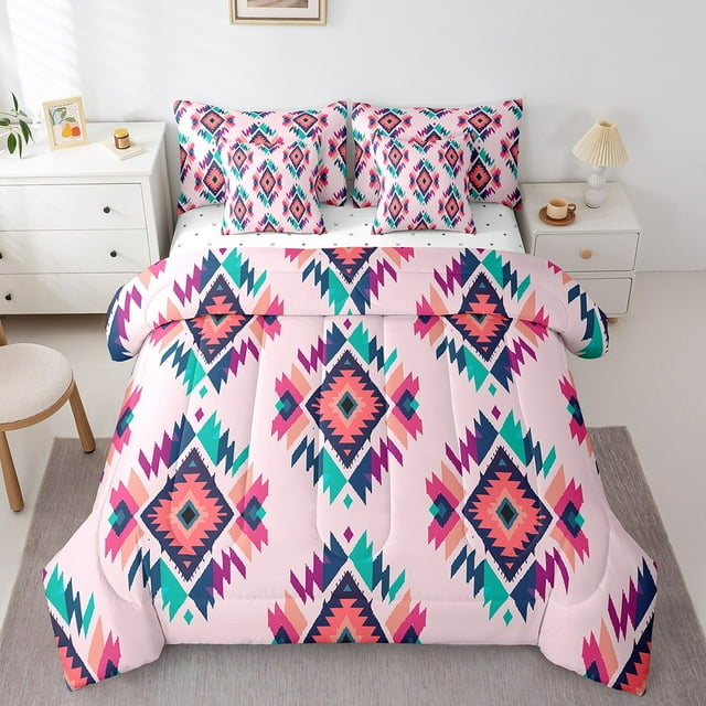 YST 7-Piece Pink Aztec Bed in a Bag Comforter Set, Queen – Southwestern Triangle Geometry Sheet Set